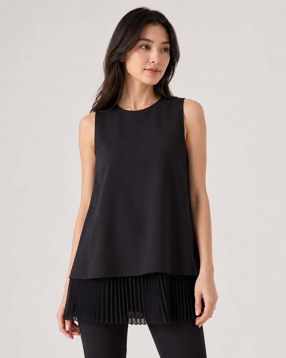 Theory Black Layered Sleeveless Tank Top with Pleated Hem